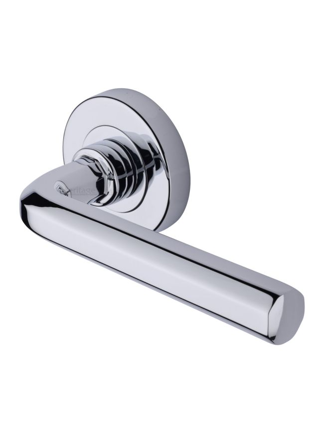 Heritage Brass Door Handle Lever Latch on Round Rose Octave Design Polished Chrome finish
UK Registered Design Number 6228267