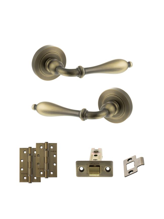 Old English Wrexham Door Handle Pack (Latch Set - 2.5" CE Latch, 4" Slim Knuckle Hinges x2) - Matt Antique Brass