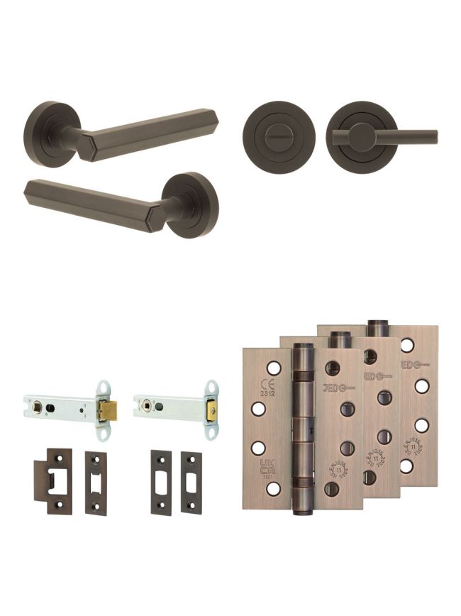 Complete Hex Door Handle Pack - Heavy Duty Tubular Bathroom (Plain Thumb Turn) - Dark Bronze - 102mm / 4-inch Hinges - JE-C32A2-DB