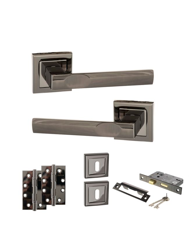 STATUS Kansas Door Handle Pack (3 Lever Lock Set - 3" CE Sashlock, 4" Slim Knuckle Hinges x2) - Black Nickel