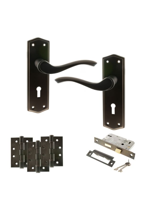 Old English Warwick Door Handle Pack (3 Lever Lock Set - 3" CE Sashlock, 4" Fire Rated Hinges x3) - Urban Dark Bronze