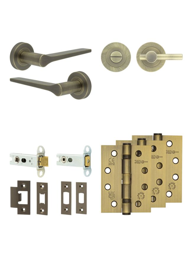 Complete Gio Door Handle Pack - Heavy Duty Tubular Bathroom (Plain Thumb Turn) - Antique Brass - 76mm / 4-inch Hinges - JE-E31A2-AB