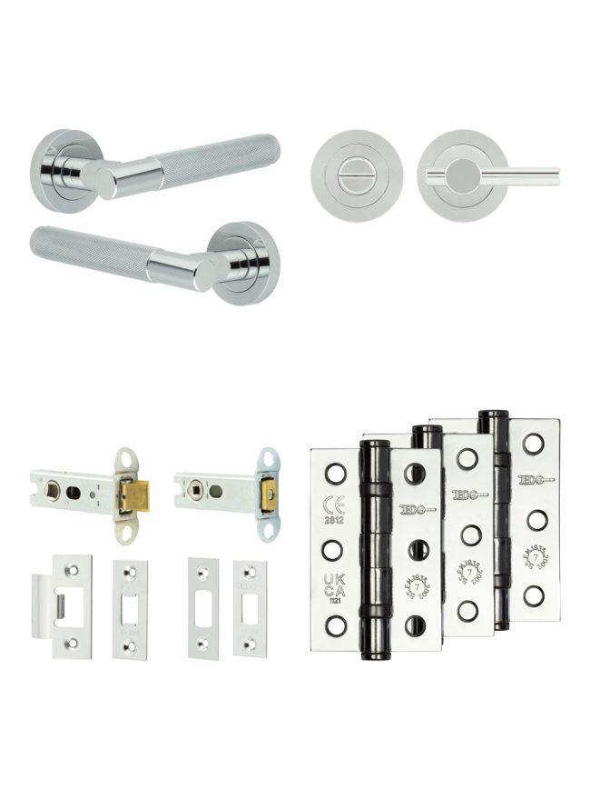 Complete Bari Door Handle Pack - Heavy Duty Tubular Bathroom (Plain Thumb Turn) - Polished Chrome - 76mm / 3-inch Hinges - JE-D31B2-PC