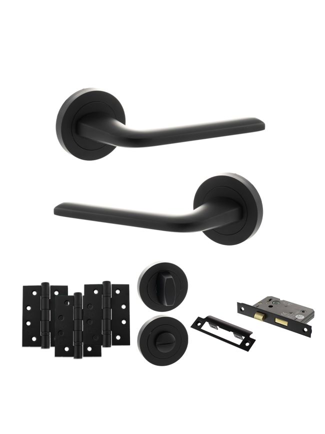 Eco Surf Door Handle Pack (Bathroom Set - 3" CE Bathroom Lock, 4" Fire Rated Hinges x3) - Matt Black