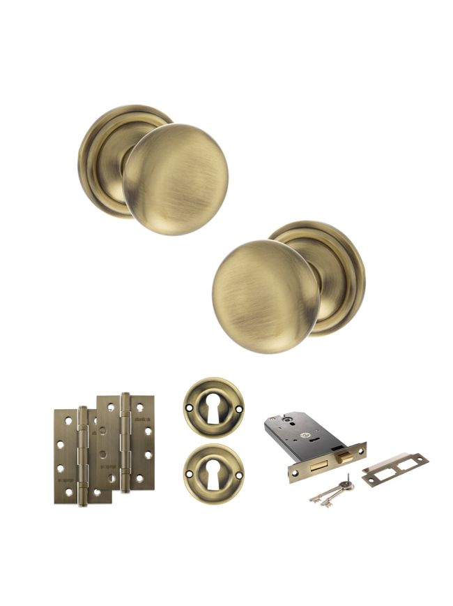 Old English Harrogate Door Knob Pack (Lock Set - Horizontal Sashlock, 4" Slim Knuckle Hinges x2) - Antique Brass