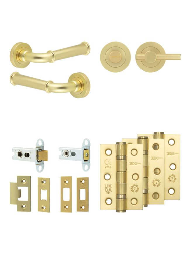 Complete Classic Door Handle Pack - Heavy Duty Tubular Bathroom (Plain Thumb Turn) - Satin Brass - 64mm / 3-inch Hinges - JE-A30B2-SB