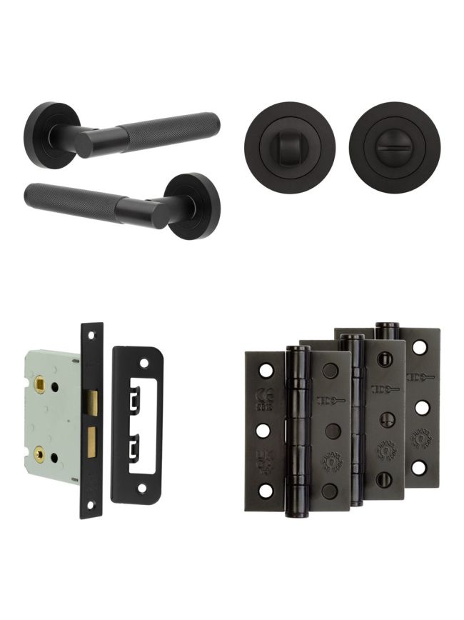 Complete Bari Door Handle Pack - Bathroom Lock (Standard Thumb Turn) - Matt Black - 76mm / 3-inch Hinges - JE-D6B3-MB