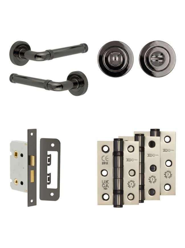 Complete Midtown Door Handle Pack - Bathroom Lock (Standard Thumb Turn) - Black Nickel - 65mm / 3-inch Hinges - JE-G5B3-BN