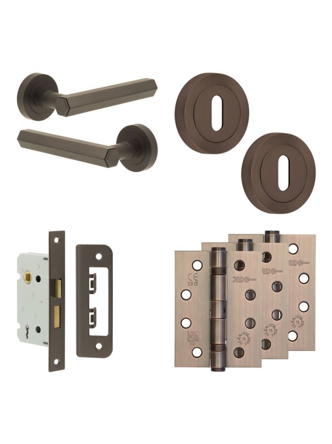 Complete Hex Door Handle Pack - Sashlock - Dark Bronze - 65mm / 4-inch Hinges - JE-C7A8-DB