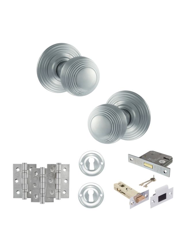 Old English Ripon Door Knob Pack (Lock Set - 3" Latch & Deadlock, 3" Fire Rated Hinges x3) - Satin Chrome