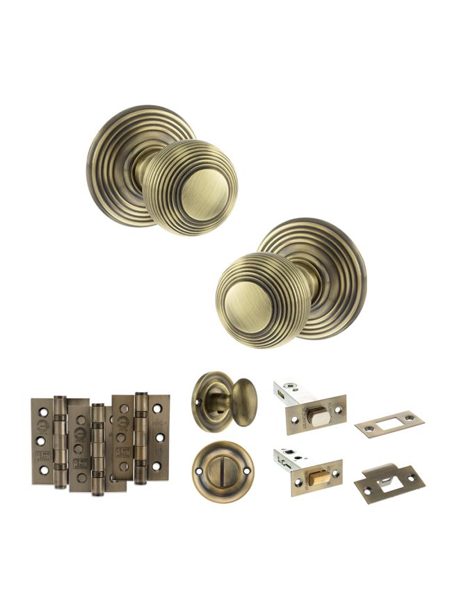 Old English Ripon Door Knob Pack (Bathroom Set - 4" Deadbolt, 3" Fire Rated Hinges x3) - Antique Brass