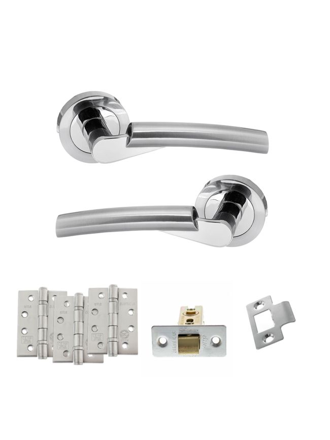 STATUS Florida Door Handle Pack (Latch Set - 2.5" CE Latch, 4" Fire Rated Hinges x3) - Satin Chrome/Polished Chrome