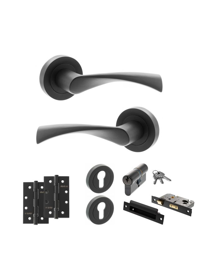 STATUS Colorado Door Handle Pack (Euro Lock Set - 3" CE Sashlock, 4" Slim Knuckle Hinges x2) - Matt Black