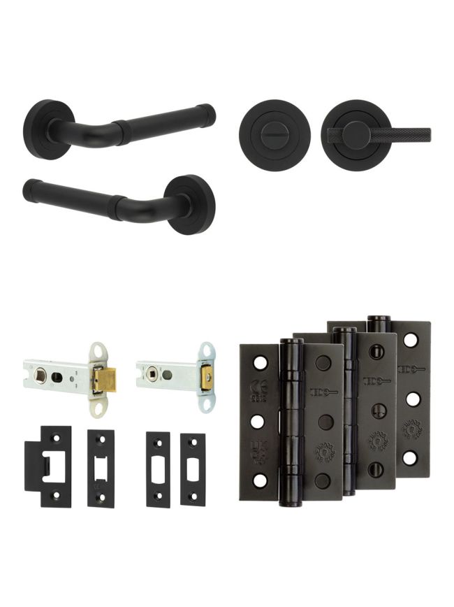 Complete Midtown Door Handle Pack - Heavy Duty Tubular Bathroom (Knurled Thumb Turn) - Matt Black - 76mm / 3-inch Hinges - JE-G31B1-MB