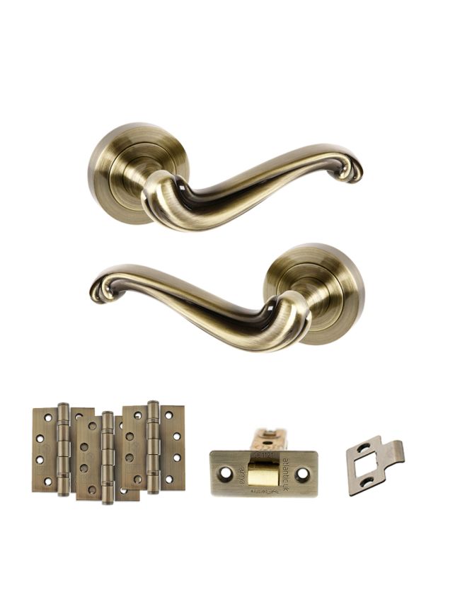 Old English Colchester Door Handle Pack (Latch Set - 2.5" CE Latch, 4" Fire Rated Hinges x3) - Antique Brass