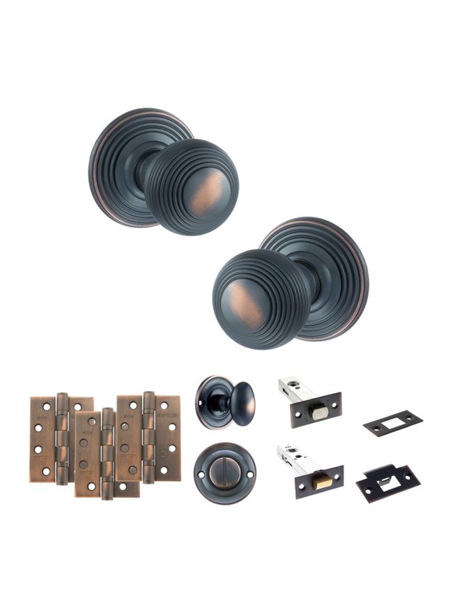 Old English Ripon Door Knob Pack (Bathroom Set - 4" Deadbolt, 4" Fire Rated Hinges x3) - Antique Copper