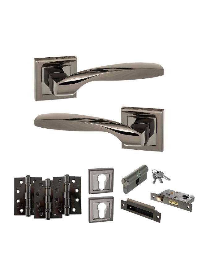 STATUS Oklahoma Door Handle Pack (Euro Lock Set - 2.5" CE Sashlock, 4" Fire Rated Hinges x3) - Black Nickel