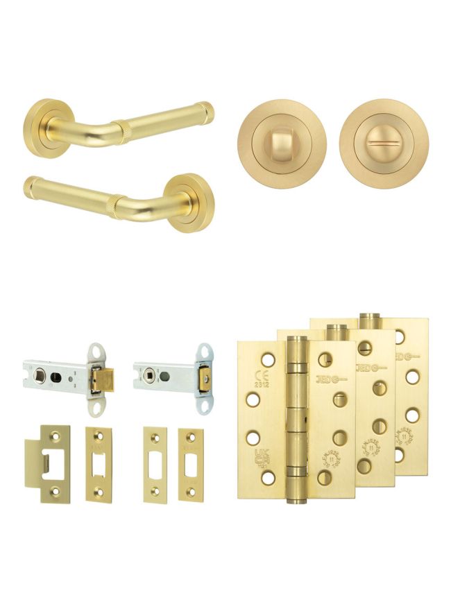 Complete Midtown Door Handle Pack - Heavy Duty Tubular Bathroom (Standard Thumb Turn) - Satin Brass - 76mm / 4-inch Hinges - JE-G31A3-SB