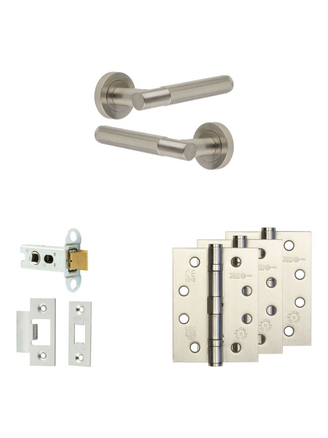 Complete Bari Door Handle Pack - Heavy Duty Latch - Satin Nickel - 64mm / 4-inch Hinges - JE-D20A-SN