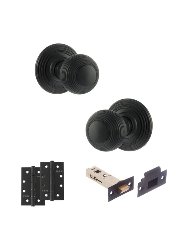 Old English Ripon Door Knob Pack (Latch Set - 3" HD Latch, 4" Slim Knuckle Hinges x2) - Matt Black