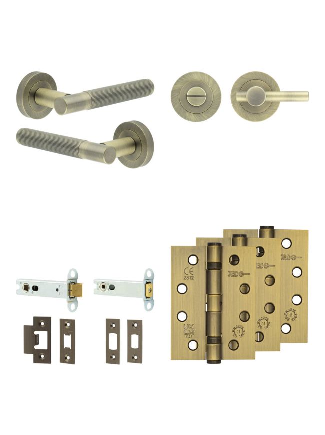 Complete Venice Door Handle Pack - Heavy Duty Tubular Bathroom (Plain Thumb Turn) - Antique Brass - 102mm / 4-inch Hinges - JE-F32A2-AB