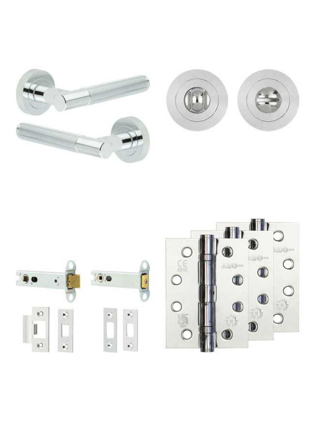 Complete Venice Door Handle Pack - Heavy Duty Tubular Bathroom (Standard Thumb Turn) - Polished Chrome - 102mm / 4-inch Hinges - JE-F32A3-PC