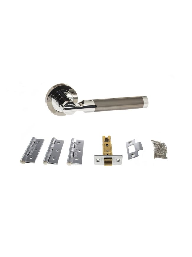 STATUS Dakota Door Handle Pack (Latch Set - 3" CE Latch, 3" Fire Rated Hinges x3) - Black Nickel/Polished Chrome