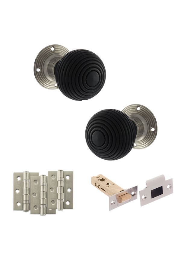 Old English Whitby Door Knob Pack (Latch Set - 4" HD Latch, 3" Fire Rated Hinges x3) - Satin Nickel