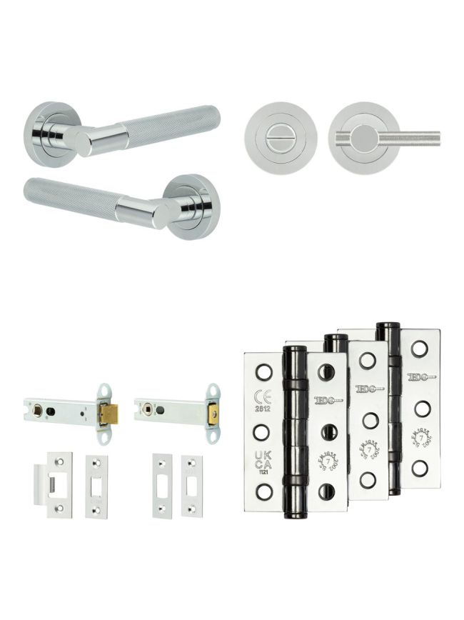 Complete Bari Door Handle Pack - Heavy Duty Tubular Bathroom (Knurled Thumb Turn) - Polished Chrome - 102mm / 3-inch Hinges - JE-D32B1-PC