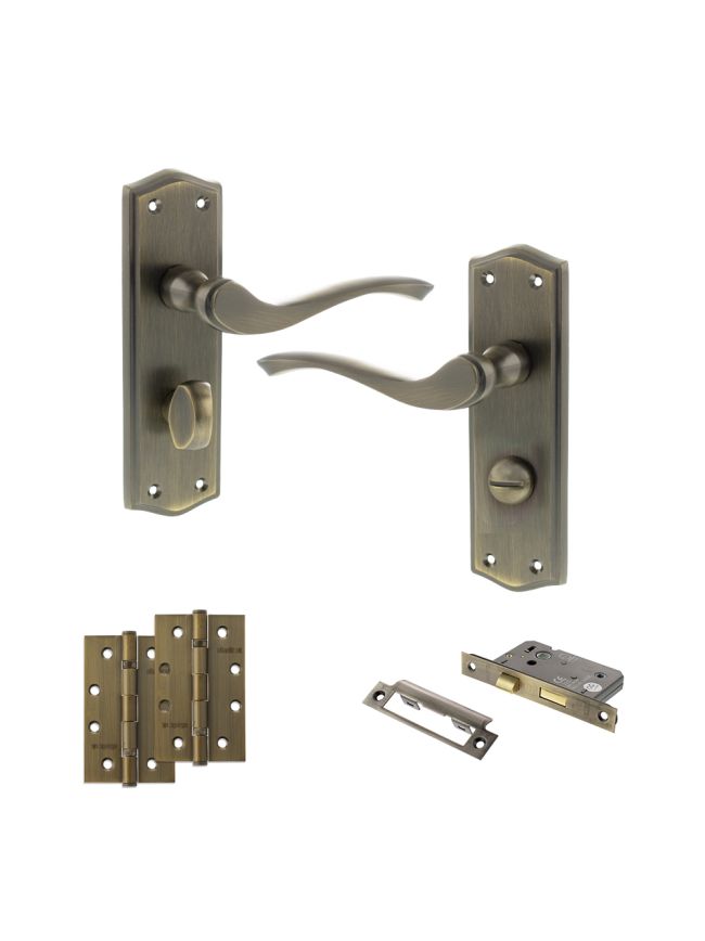 Old English Warwick Door Handle Pack (Bathroom Set - 2.5" CE Bathroom Lock, 4" Slim Knuckle Hinges x2) - Matt Antique Brass