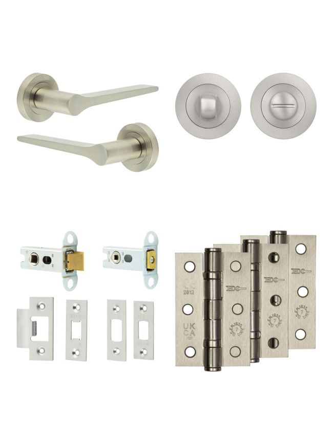 Complete Gio Door Handle Pack - Heavy Duty Tubular Bathroom (Standard Thumb Turn) - Satin Nickel - 64mm / 3-inch Hinges - JE-E30B3-SN