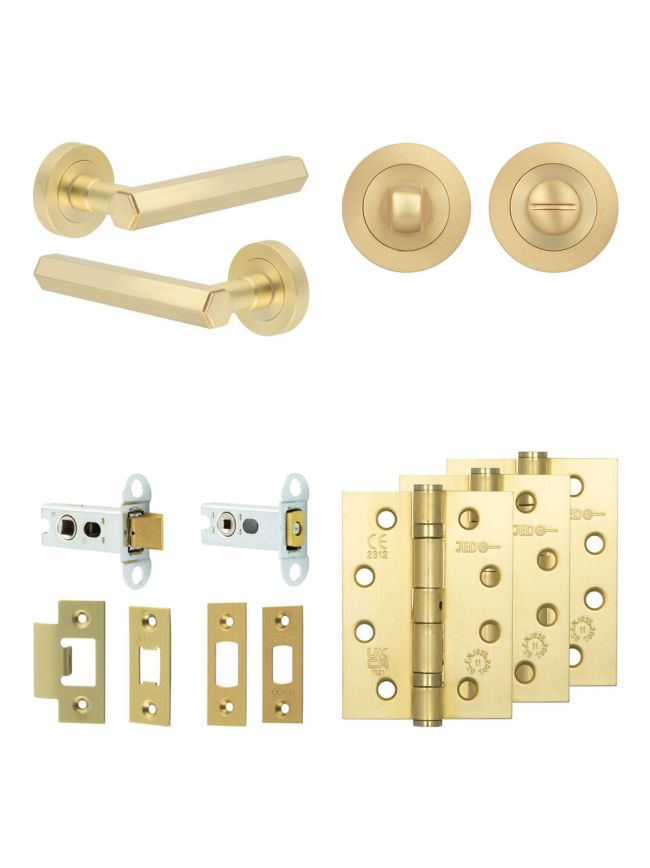 Complete Hex Door Handle Pack - Heavy Duty Tubular Bathroom (Standard Thumb Turn) - Satin Brass - 64mm / 4-inch Hinges - JE-C30A3-SB
