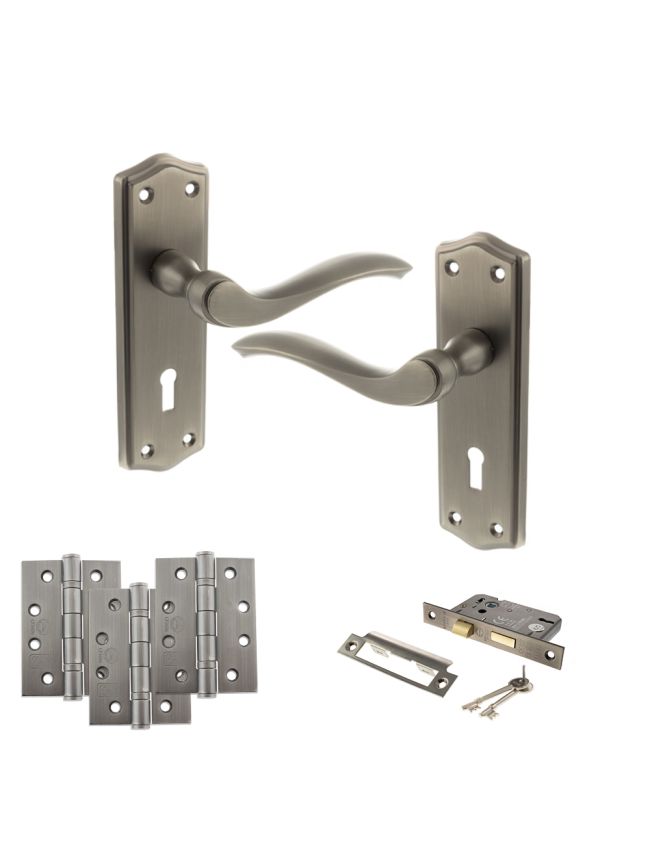 Old English Warwick Door Handle Pack (3 Lever Lock Set - 2.5" CE Sashlock, 4" Fire Rated Hinges x3) - Matt Gun Metal
