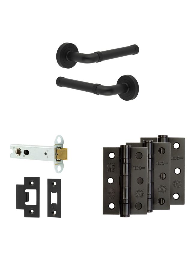 Complete Midtown Door Handle Pack - Heavy Duty Latch - Matt Black - 102mm / 3-inch Hinges - JE-G22B-MB