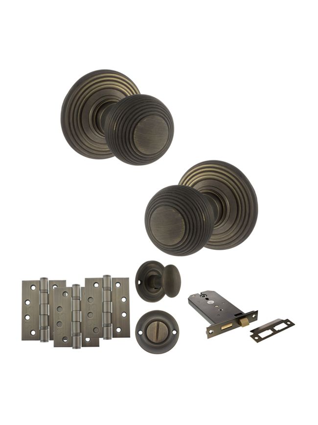Old English Ripon Door Knob Pack (Lock Set - Horizontal Bathlock, 4" Fire Rated Hinges x3) - Urban Bronze