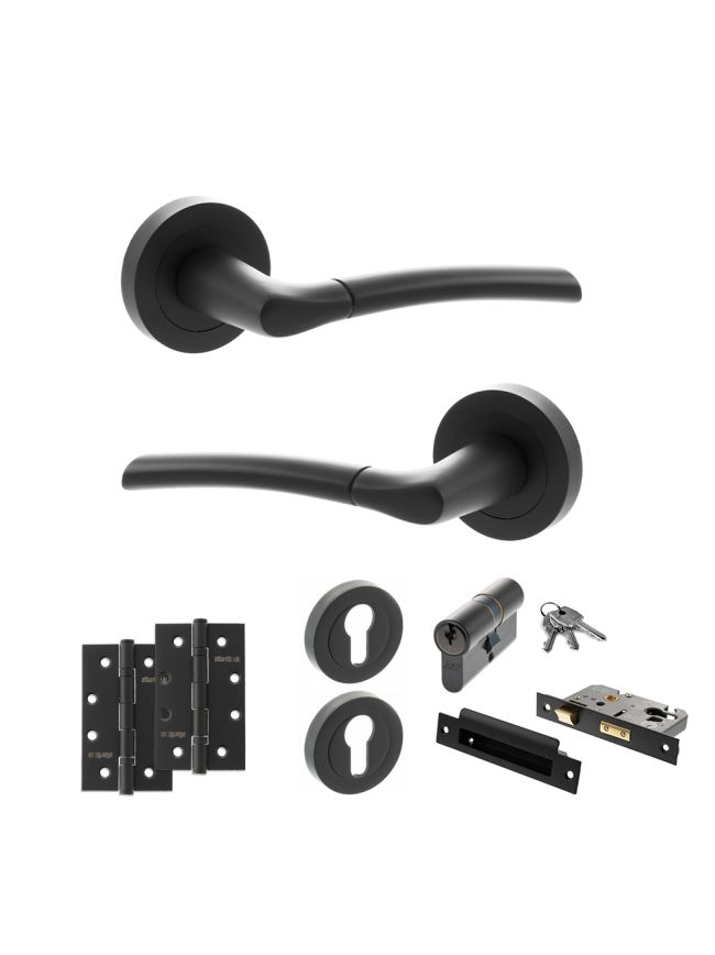 STATUS Indiana Door Handle Pack (Euro Lock Set - 3" CE Sashlock, 4" Slim Knuckle Hinges x2) - Matt Black