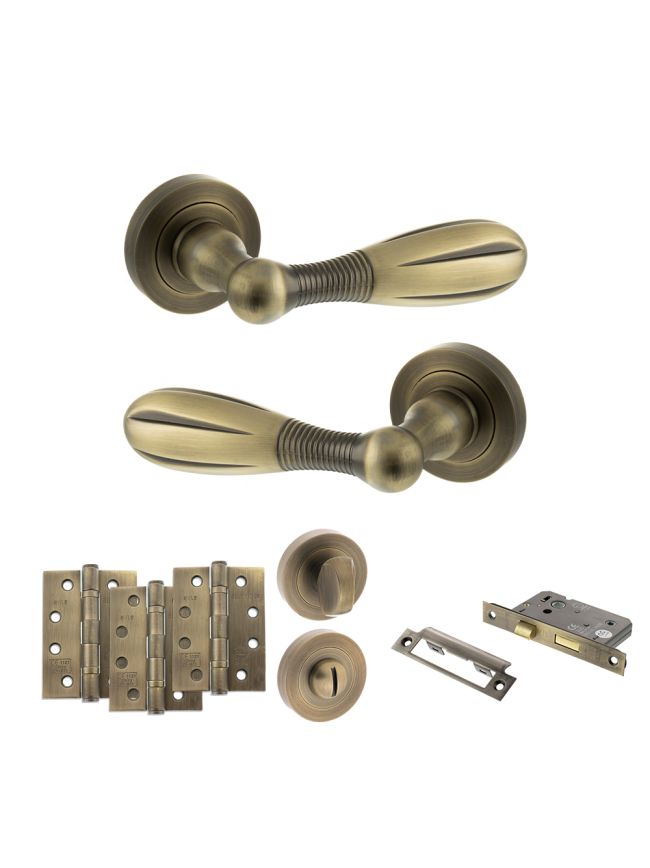 Old English Cambridge Door Handle Pack (Bathroom Set - 3" CE Bathroom Lock, 4" Fire Rated Hinges x3) - Matt Antique Brass