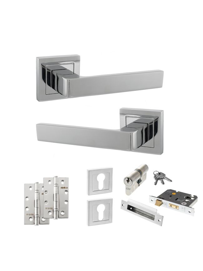 STATUS Montana Door Handle Pack (Euro Lock Set - 3" CE Sashlock, 4" Slim Knuckle Hinges x2) - Polished Chrome