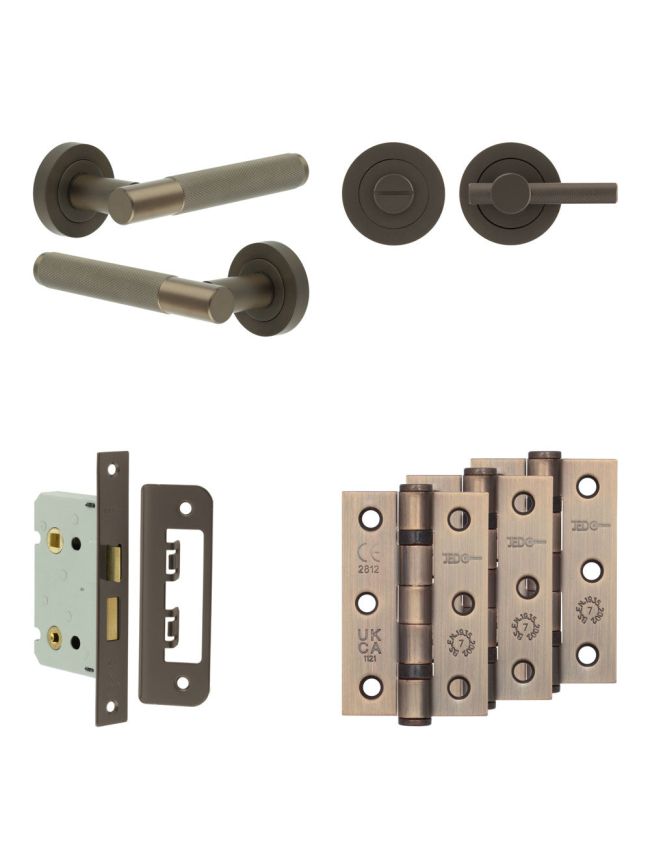 Complete Bari Door Handle Pack - Bathroom Lock (Knurled Thumb Turn) - Dark Bronze - 65mm / 3-inch Hinges - JE-D5B1-DB
