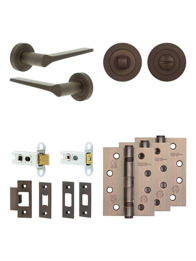 Complete Gio Door Handle Pack - Heavy Duty Tubular Bathroom (Standard Thumb Turn) - Dark Bronze - 64mm / 4-inch Hinges - JE-E30A3-DB