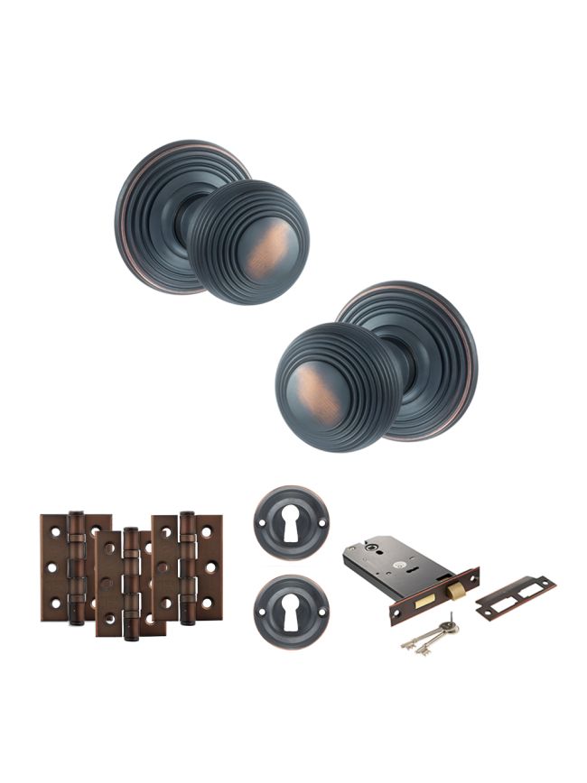 Old English Ripon Door Knob Pack (Lock Set - Horizontal Sashlock, 3" Fire Rated Hinges x3) - Antique Copper