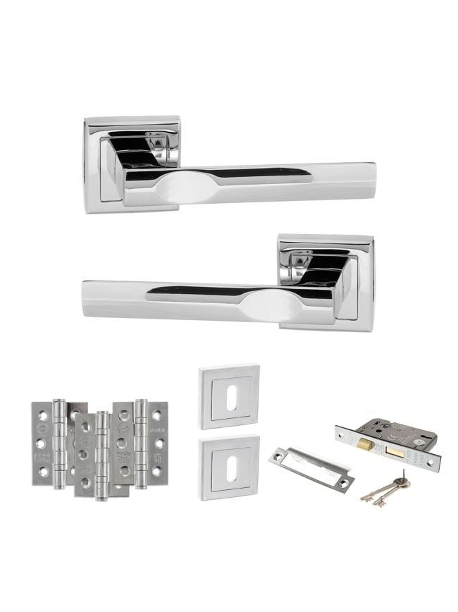 STATUS Kansas Door Handle Pack (3 Lever Lock Set - 3" CE Sashlock, 3" Fire Rated Hinges x3) - Polished Chrome