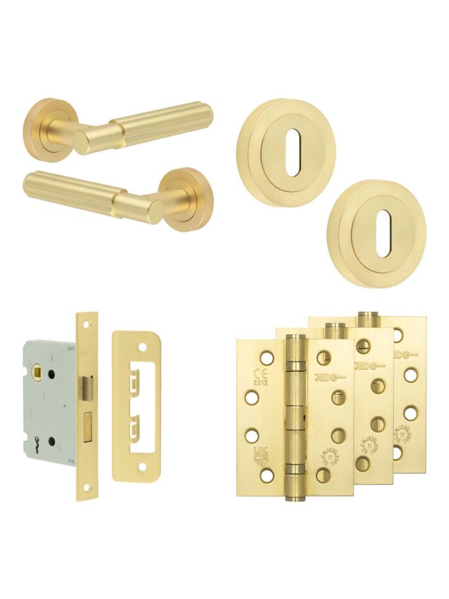 Complete Bloom Door Handle Pack - Sashlock - Satin Brass - 76mm / 4-inch Hinges - JE-B8A8-SB