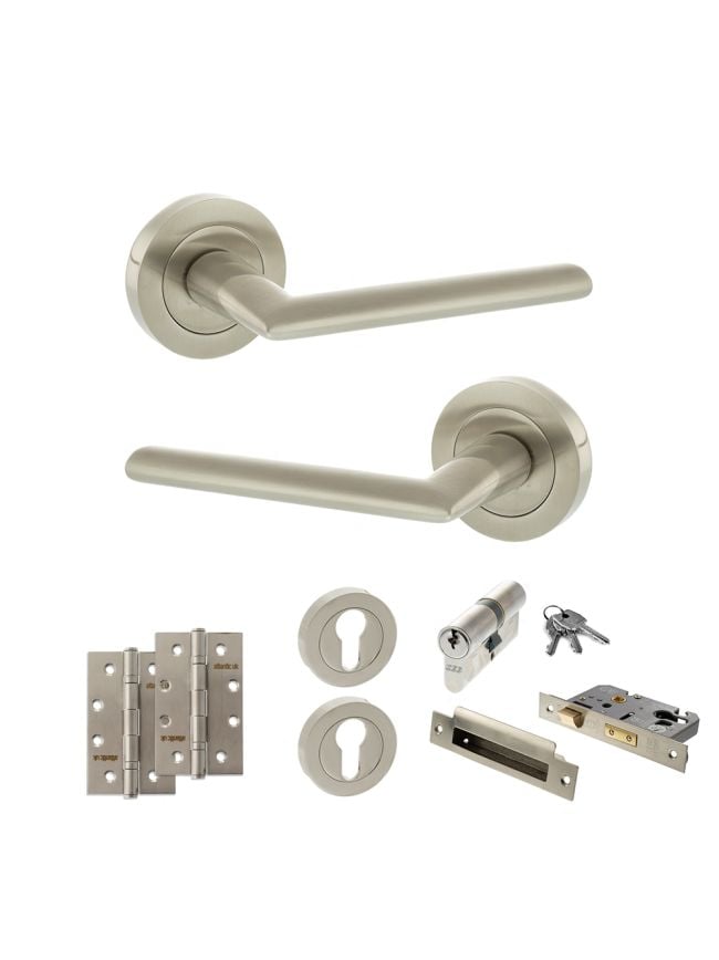 STATUS Alabama Door Handle Pack (Euro Lock Set - 2.5" CE Sashlock, 4" Slim Knuckle Hinges x2) - Satin Nickel