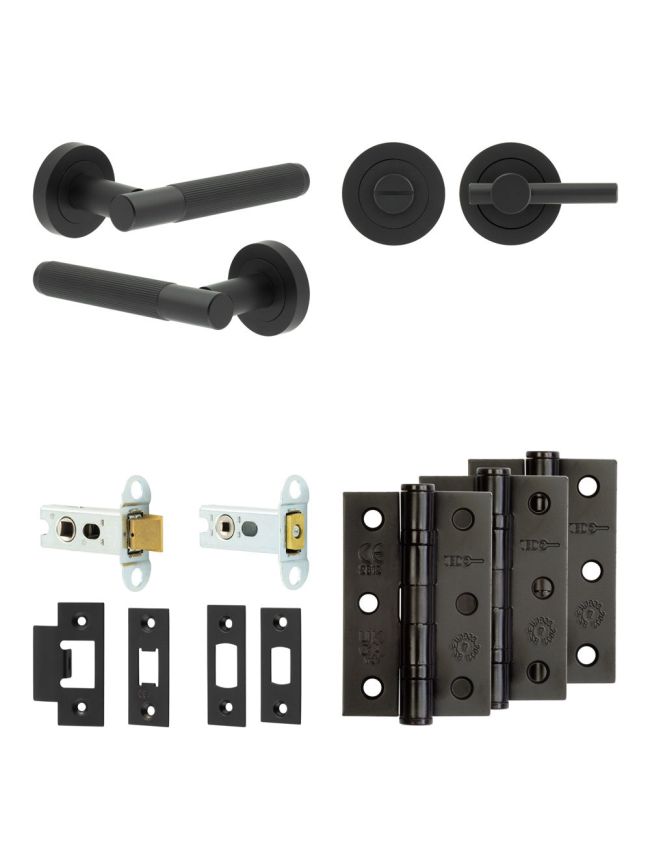 Complete Venice Door Handle Pack - Heavy Duty Tubular Bathroom (Plain Thumb Turn) - Matt Black - 64mm / 3-inch Hinges - JE-F30B2-MB