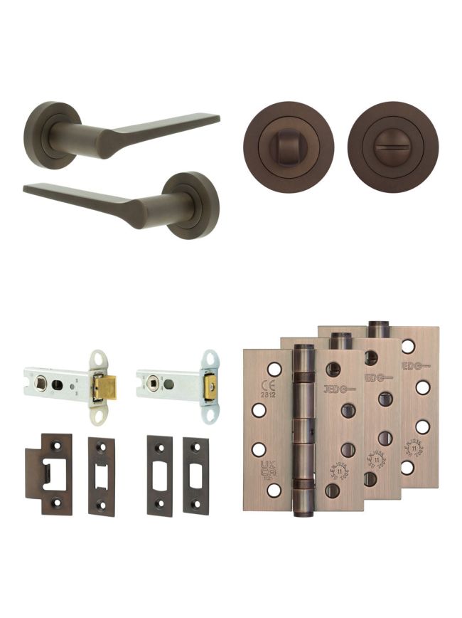 Complete Gio Door Handle Pack - Heavy Duty Tubular Bathroom (Standard Thumb Turn) - Dark Bronze - 76mm / 4-inch Hinges - JE-E31A3-DB