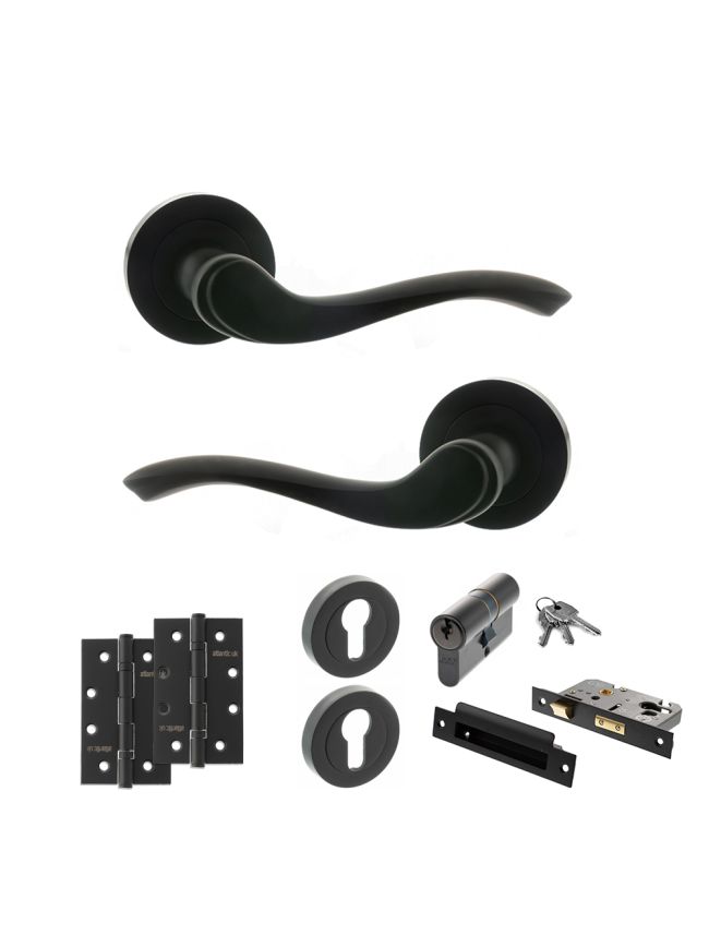 Old English Warwick Door Handle Pack (Euro Lock Set - 2.5" CE Sashlock, 4" Slim Knuckle Hinges x2) - Matt Black