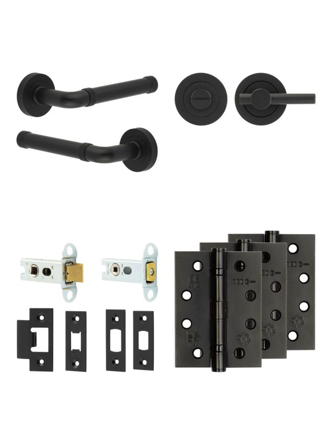 Complete Midtown Door Handle Pack - Heavy Duty Tubular Bathroom (Plain Thumb Turn) - Matt Black - 64mm / 4-inch Hinges - JE-G30A2-MB