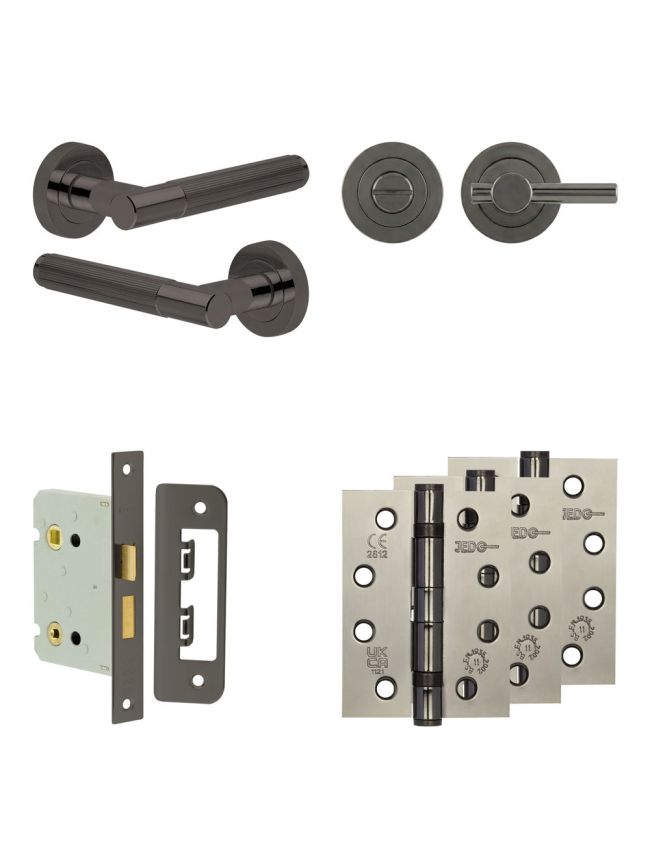 Complete Venice Door Handle Pack - Bathroom Lock (Plain Thumb Turn) - Black Nickel - 76mm / 4-inch Hinges - JE-F6A2-BN