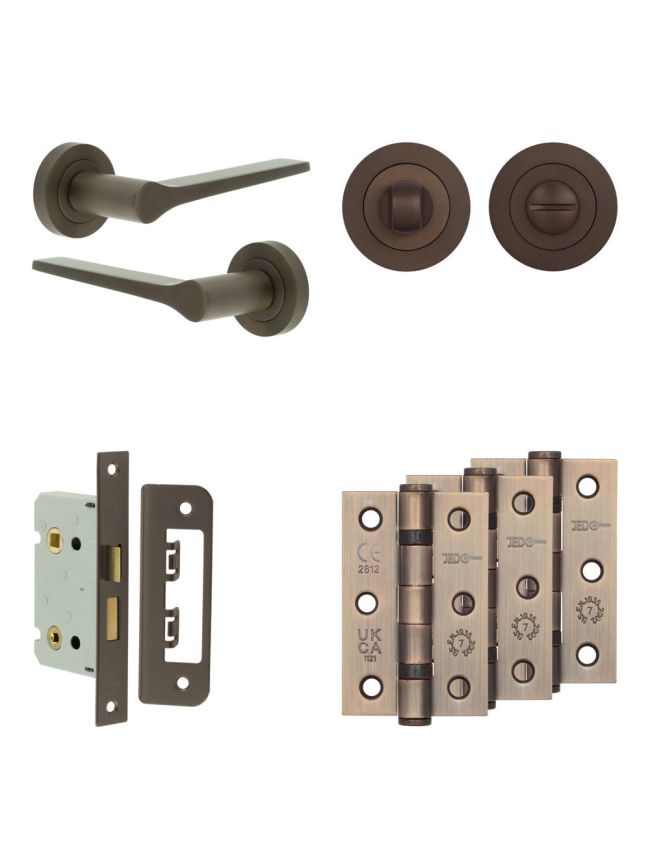 Complete Gio Door Handle Pack - Bathroom Lock (Standard Thumb Turn) - Dark Bronze - 65mm / 3-inch Hinges - JE-E5B3-DB